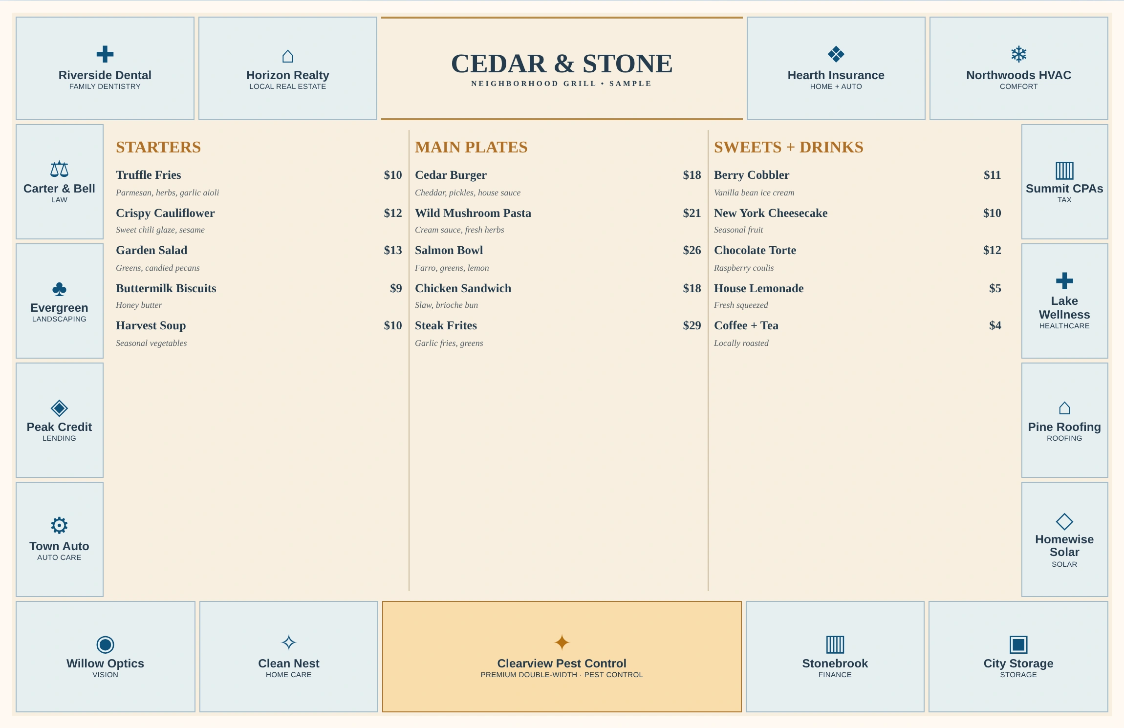 Sample waterproof dine-in menu showing true sponsor positions