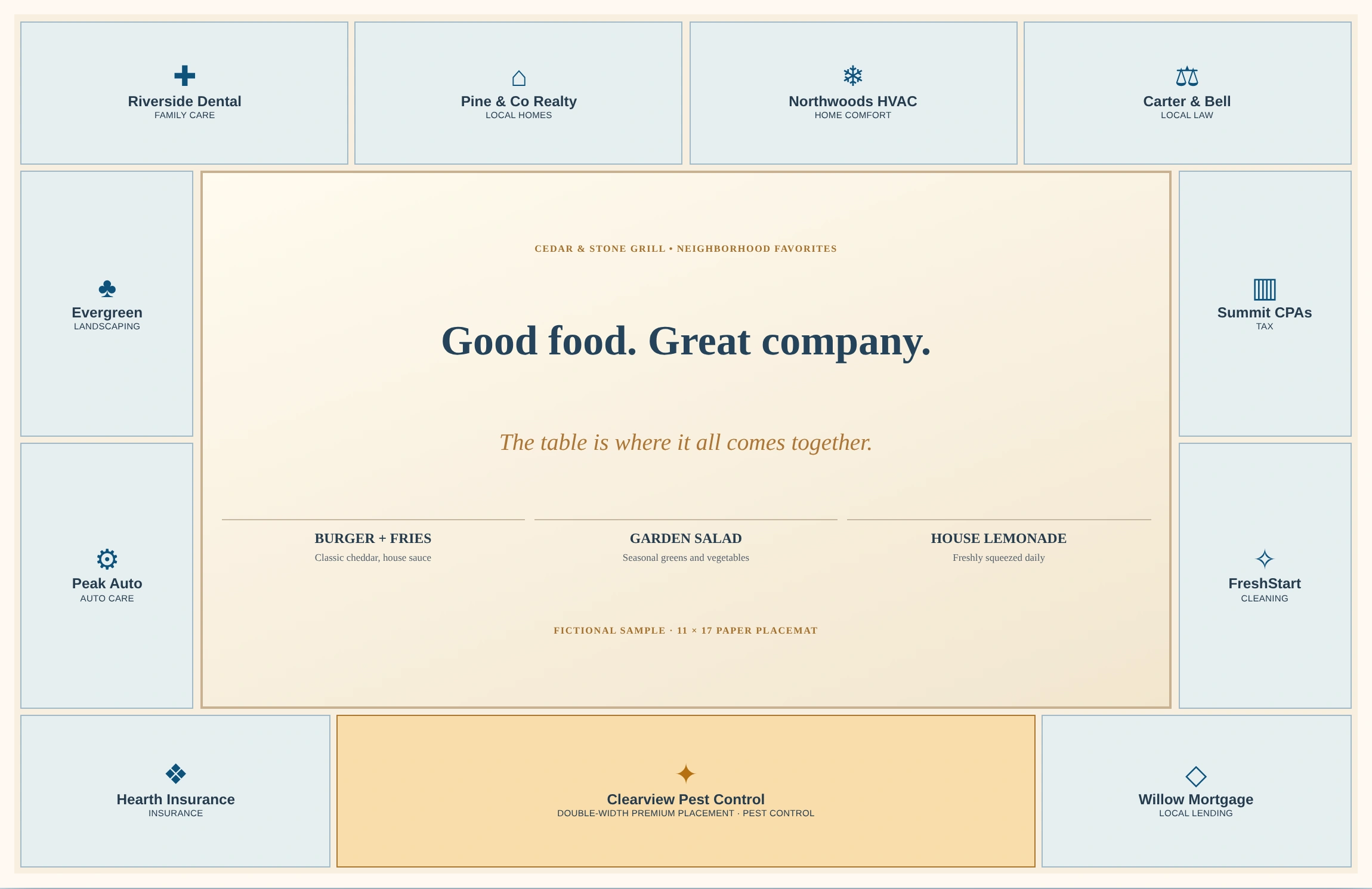 Sample 11 by 17 table placemat with sponsor placements