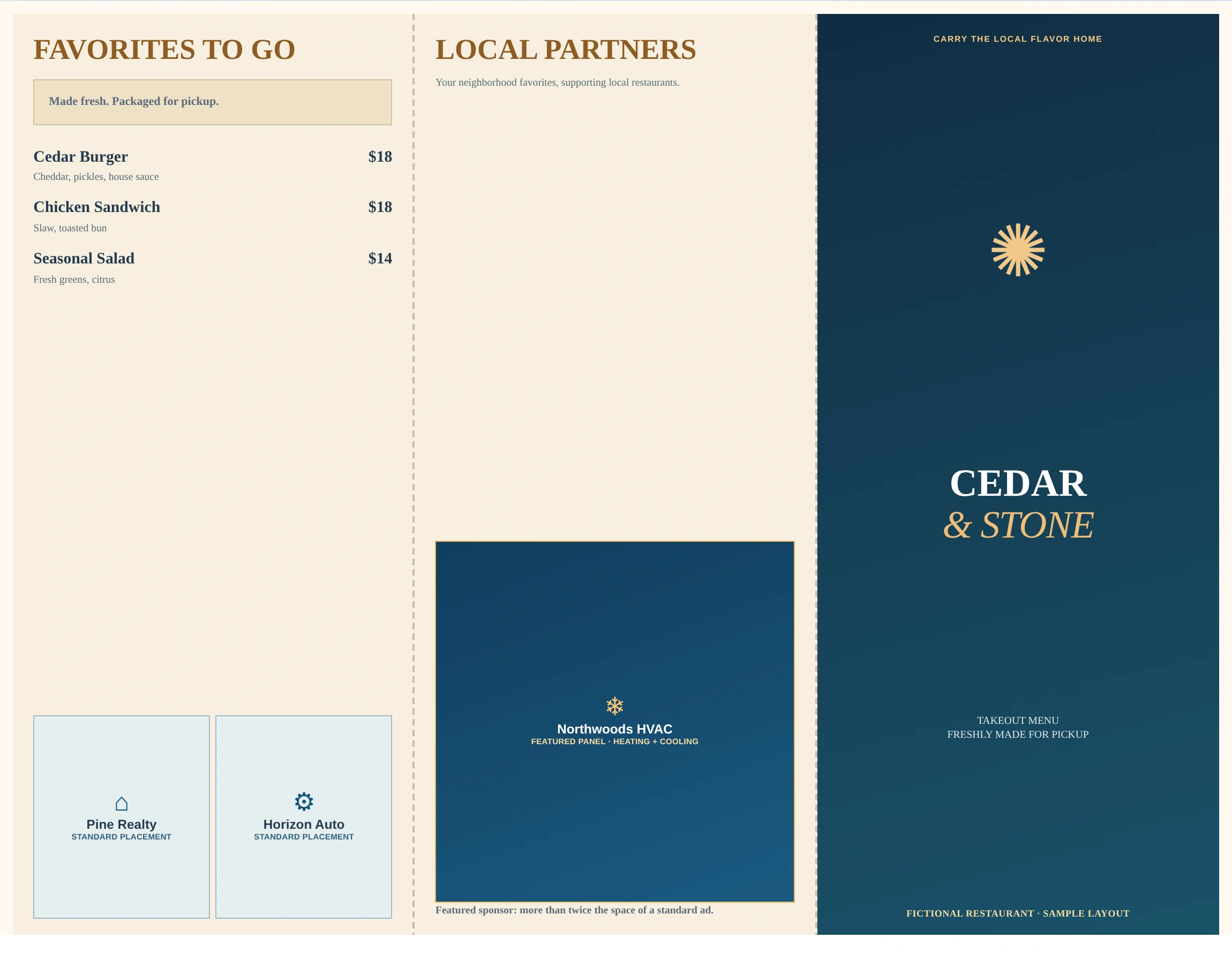 Sample 8.5 by 11 tri-fold takeout menu showing sponsor placements